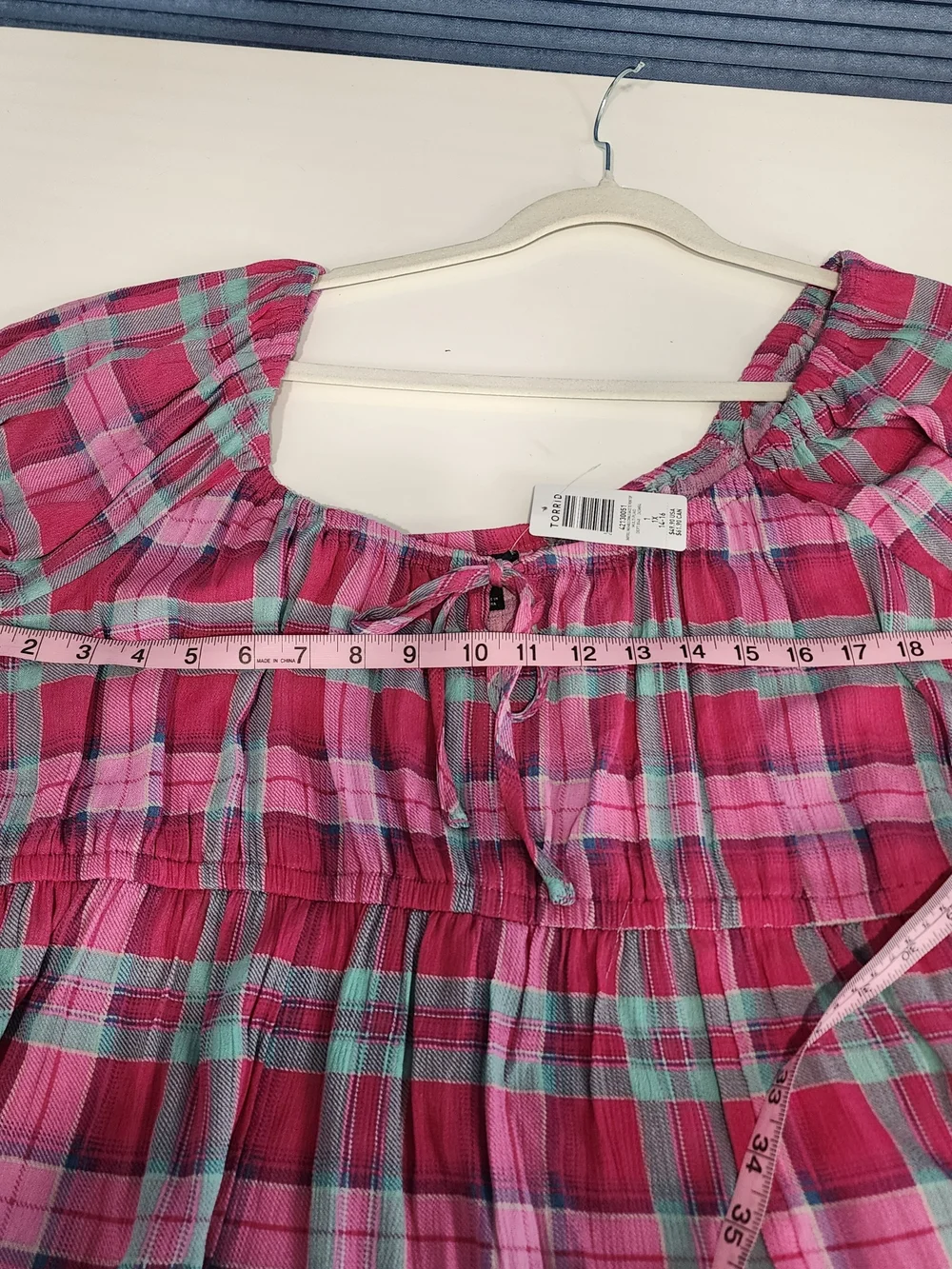 Torrid Pink and Aqua Plaid Peasant Tunic with Tie Front Baby Doll - Picture 4 of 5